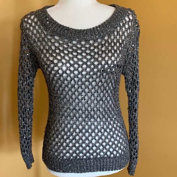 White House Black Market Sweaters - White House Black Market Gray Crochet Wool Sequin Sweater Top Size Small/Med